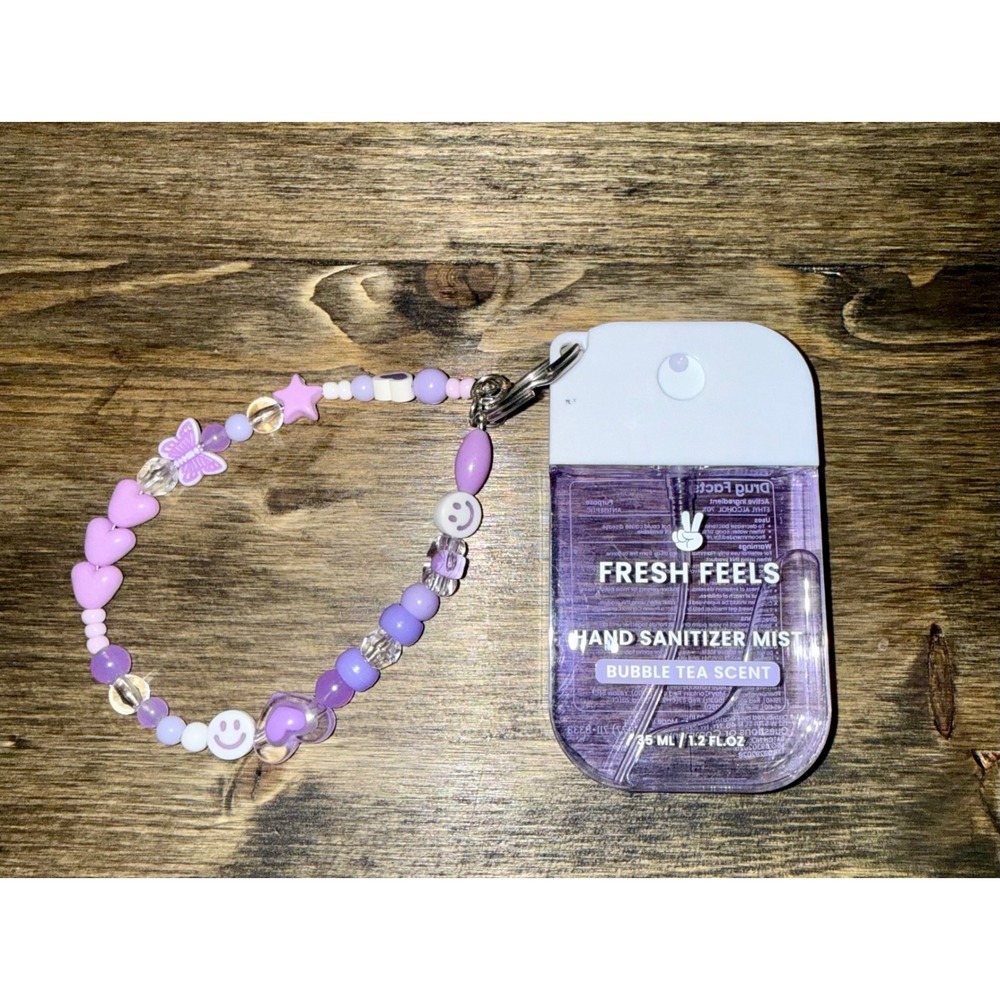 Fresh Feels Hand Sanitizer Mist 1.2oz New Bubble Tea Scent Purple Beaded Strap